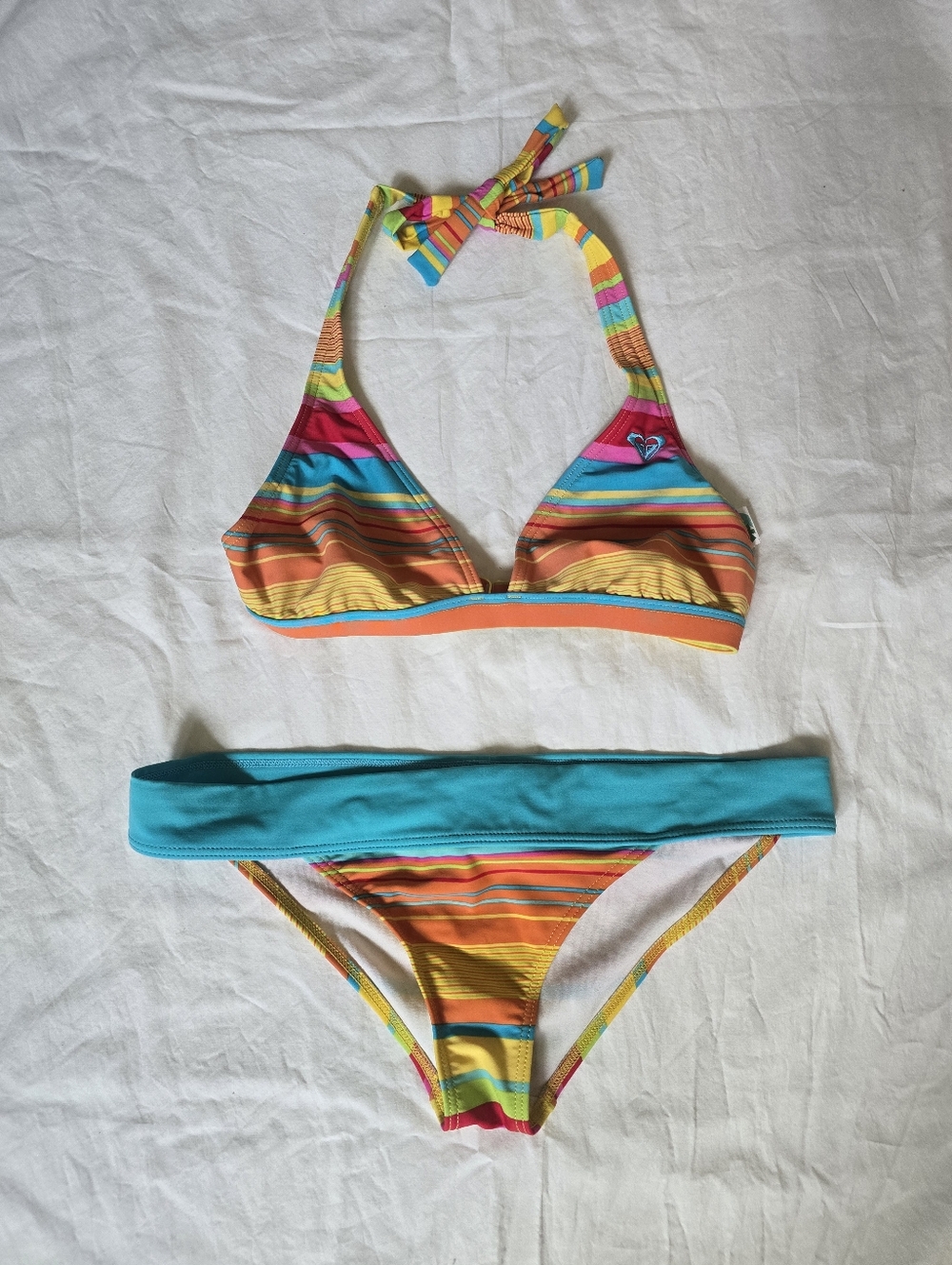 Striped Multicolor Halter Bikini Set with Turquoise Waistband